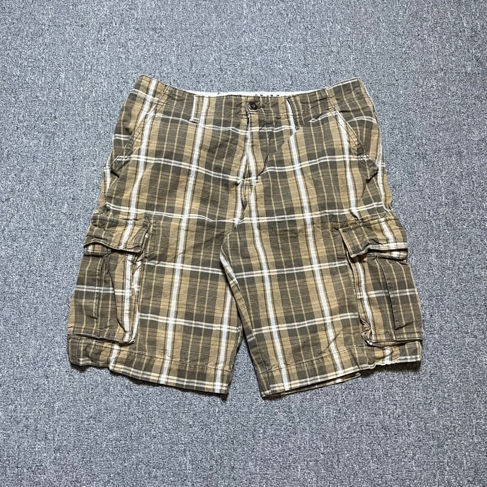 Y2K Old Navy‎ Cargo Shorts 34 Brown Tan Plaid Cotton Multi Pocket Casual Mens